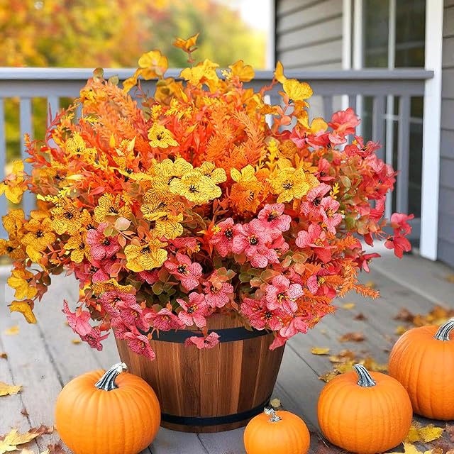 Artificial Fall Flowers for Outdoor, 16 Bundles Fake Fall Mums Silk Flowers UV Resistant, Look Real Faux Daisy for Front Door Porch Patio Yard Balcony Halloween Autumn Decor, Mix
