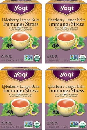 Yogi Tea Elderberry Lemon Stress & Immune Support Tea - 4 Packs | With Ashwagandha | Contains Lemongrass | Licorice Root | 16 Tea Bags per Pack