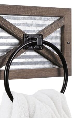 Autumn Alley Rustic Towel Holder for Bathroom, Farmhouse Hand Towel Holder, Rustic Towel Rack Holder, Wall Mounted, Western Bathroom Decor, Wood Country Decor, Galvanized Metal, Black Ring