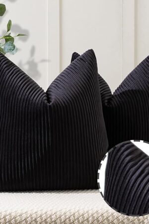 YCOLL Black Pillow Covers 18x18 Set of 2 Velvet Striped Pattern - Soft Throw Pillows for Home Decor, Luxury Decorative Pillow Covers for Couch, Bed,Living Room