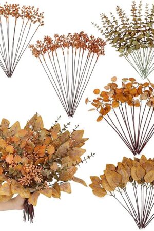 120 Pcs 5 Kinds Mixed Artificial Eucalyptus Leaves Stems and Fake Berry Bulk for Fall Decorations,Faux Plants Bundle for DIY Bouquets Floral Arrangement Wedding Engagement Party Autumn Decor (Orange)