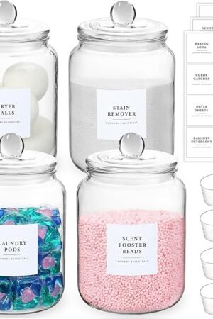 4 Pack Glass Jars with Lids and Labels, Glass Containers for Laundry Room Organization and Storage, Half Gallon Airtight Glass jars Holder for Laundry Detergent, Pods, Scent Booster Beads, 4 Spoons