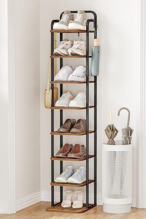 8 Tiers Vertical Shoe Rack, Narrow Shoe Tower, Tall Shoes Shelf with 2 Hooks, Adjustable Shelves, Corner Shoes Shelves for Small Spaces, Entryway, Living Room, Rustic Brown SR04301B