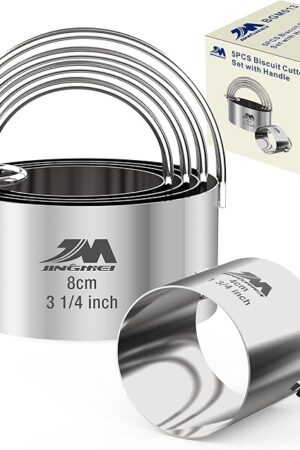 5 Pieces Circle Biscuit Cutter,Professional Stainless Steel Round Cookies Mold Tool with Handle for Baking GIFT Package