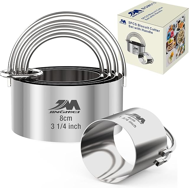 5 Pieces Circle Biscuit Cutter,Professional Stainless Steel Round Cookies Mold Tool with Handle for Baking GIFT Package