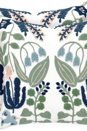 Alysheer Summer Floral Embroidered Decorative Throw Pillow Covers 18"x 18" Set of 2, Farmhouse Navy Blue Flowers Green Leaves Tufted Patterned Cotton Cushion Cases for Couch Bed Living Room Decor