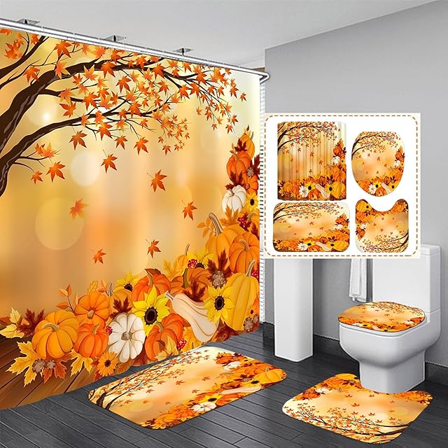 Fall Thanksgiving Day 4Pcs Autumn Pumpkin Maple Tree Leaves Shower Curtain Set with Non-Slip Rug Toilet Lid Cover and Bath Mat Shower Curtain with 12 Hooks Waterproof Fall Decor