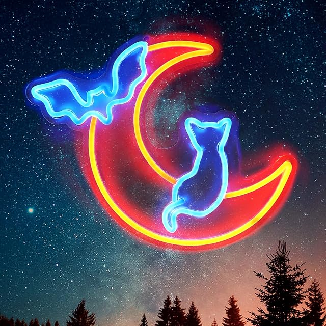 Halloween Neon Sign Wall Decor - Moon&Bat&Cat Themed Halloween LED Lights for Decorating Rooms, Windows, Doors,Party,Bright Beautiful Indoor Home Hanging Art USB Powered