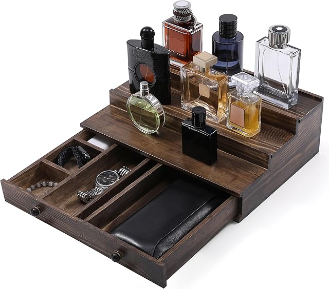 Cologne Organizer for Men, 3-Tier Cologne Stand with Drawer and Hidden Compartment, Wooden Cologne Shelf for Perfume Display Holder, Great Gifts for Men, Vintage