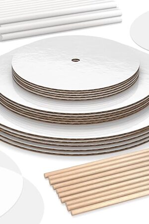 BluShore Cake Boards Tiering Kit - Cake Board 10 Inch, 8 Inch, and 6 Inch (5 Pieces Each) With Parchment Paper Rounds, Wooden Dowels, and Straw Dowels - Cardboard Cake Rounds Stacking Kit [130 Pieces]