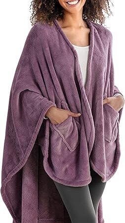 Berkshire Blanket Primalush™ Wearable Blanket, Cozy Loungewear Pocketed Plush Cape Wrap for Adults & Teens(Purple, One Size 58"X64")
