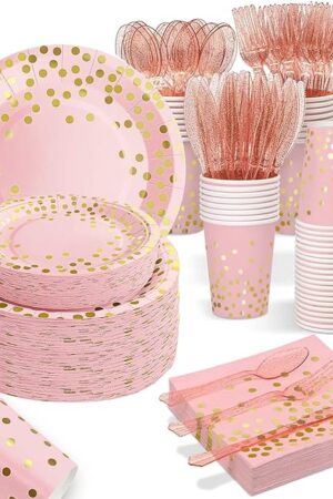 AIRE 175PCS Pink Rose Gold Plates Party Supplies Severs 25 Guests Disposable Party Decorations, Plastic Forks Knives Spoons, Golden Dot Paper Plates Napkins Cups for Baby Shower Birthday Wedding