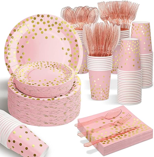 AIRE 175PCS Pink Rose Gold Plates Party Supplies Severs 25 Guests Disposable Party Decorations, Plastic Forks Knives Spoons, Golden Dot Paper Plates Napkins Cups for Baby Shower Birthday Wedding