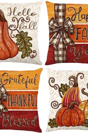 4pcs Fall Thanksgiving Pillow Covers 18x18in, Pumpkin Happy Fall Thankful Grateful Blessed Harvest Leaves Decorations Autumn Seasonal Throw Cushion Case for Farmhouse Home Sofa Couch
