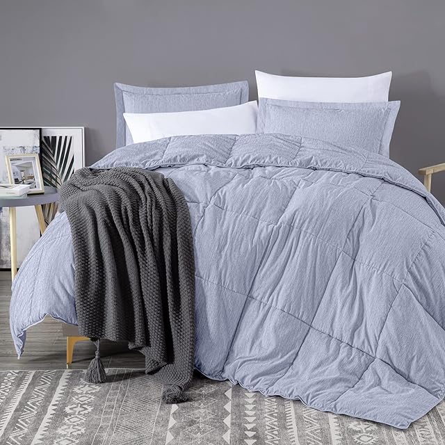 3 Piece King Size Comforter Set w/ 2 Envelope Pillow Shams, Box Stitched Blue King Bedding Set, Cationic Dyeing, Jacquard Line, All Season Down Alternative, King 104x92