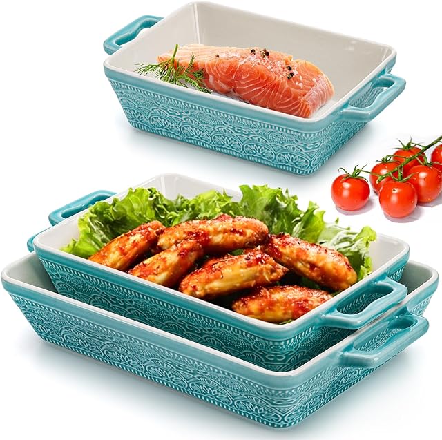 Hacaroa Set of 3 Ceramic Baking Dishes, Rectangular Bakeware with Handles, Elegant Casserole Dish Set Lasagna Pan for Baking, Cooking, Cake Dinner, Banquet, Lake Blue, 3 Sizes