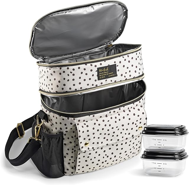 Fit & Fresh Dual Compartment Lunch Bag For Women, Insulated Extra Large Meal Prep Lunch Bag For Women With Matching Containers, Front Pocket, Adjustable Strap, Westminster Lunch Bag, Black & White Dot