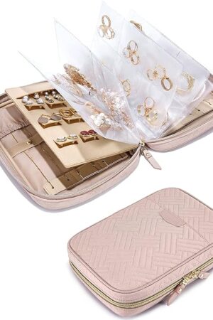BAGSMART Jewelry Travel Organizer Case for Home Jewelry Organizer Storage Ring Binder Jewelry Bags Clear Jewelry Rolls Zipper Pouch Bag for Necklaces, Earrings, Rings, Bracelets, Pink