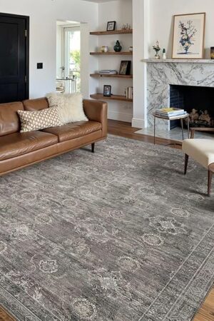 Area Rugs 5x7 for Living Room Bedroom, Grey Washable Rug, Vintage Retro Boho Rug, Non Slip & Low Pile Faux Wool Thin Carpet for Indoor Dining Room, Dorm and Kids Room(Taupe/Grey 5x7ft)