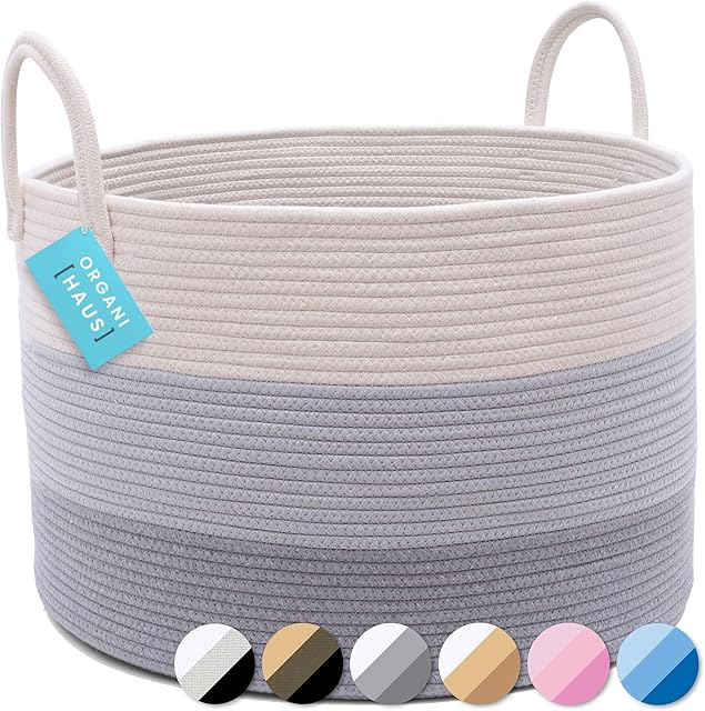 OrganiHaus Large Laundry Basket, Woven Cotton Rope Basket for Blankets, Toy Storage, Nursery Hamper, Living Room Decor Organizer, Soft & Durable Hamper with Handles, 20x13 inches - Gray