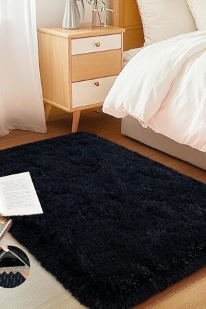 Black Area Rug for Bedroom, 2x3 Small Rugs for Living Room Nursery Kids Room Dorm Home Decor Aesthetic, Fluffy Shaggy Rug with 4 Anti-Slip Carpet Tapes