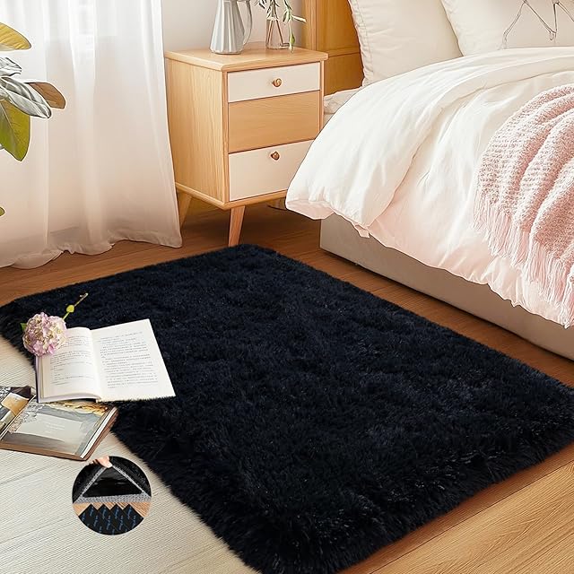 Black Area Rug for Bedroom, 2x3 Small Rugs for Living Room Nursery Kids Room Dorm Home Decor Aesthetic, Fluffy Shaggy Rug with 4 Anti-Slip Carpet Tapes