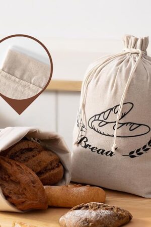 2 Pack Linen Bread Bags for Homemade Bread - Plastic Lined - Reusable Linen Sourdough Bread Storage Bags with Plastic Liner - 17" x 13"