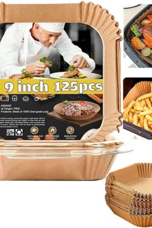 Air Fryer Liners Disposable 9 Inch, 9 inch Air Fryer Liners 125 Pcs Large Square Air Fryer Paper Liners for 5QT 6qt 8QT Air Fryer, Non-stick Parchment Paper for Frying, Baking
