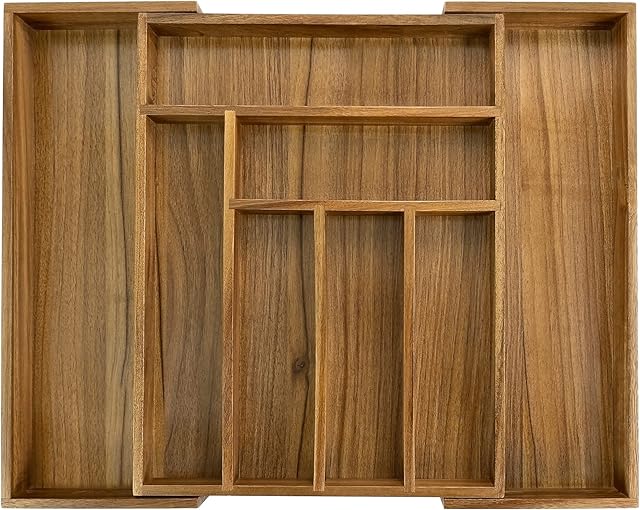 Luxury Acacia Kitchen Drawer Organizer - Silverware Organizer - Utensil Holder and Cutlery Tray with Grooved Drawer Dividers for Flatware and Kitchen Utensils (8 Slot), 17*12.4*2 inch