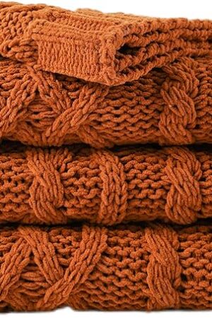 Battilo Caramel Throw Blanket for Couch, Rust Throw, 51" x 67", Super Soft Warm Chenille Cable Knit Blanket Boho Decorative Fall Throw Blanket for Bed, Sofa and Living Room