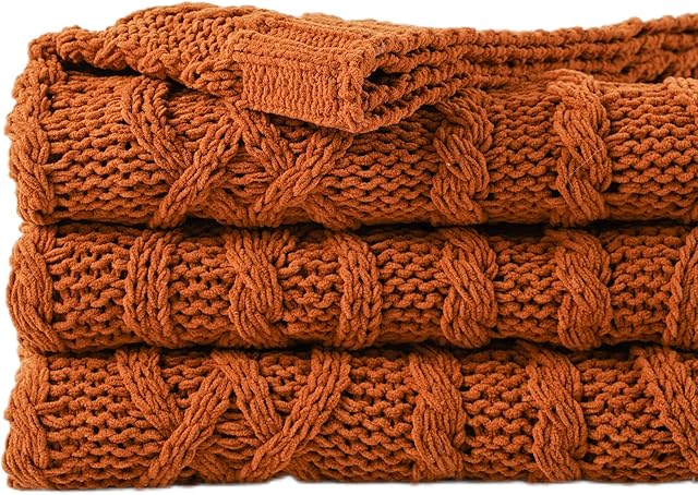 Battilo Caramel Throw Blanket for Couch, Rust Throw, 51" x 67", Super Soft Warm Chenille Cable Knit Blanket Boho Decorative Fall Throw Blanket for Bed, Sofa and Living Room