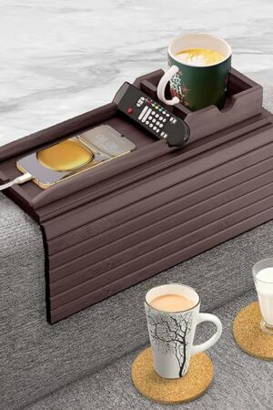 Couch Cup Holder with 2 Cork Coasters | Couch Caddy with Detachable Tray | Anti-Slip Foldable Armrest Sofa Tray, Anti-Spill Holder for Remote, Snacks, Cellphone - Ideal Gift (Walnut)