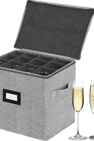 VERONLY Champagne Flute Storage Box with Dividers, Champagne Glass Storage Container, Hard Shell Stemware Storage Case Organizer for 12 Crystal Champagne Flutes Storage and Organization (Grey)