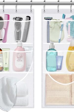 2PCS Mesh Shower Organizer Hanging,Shower Curtain Liner Pockets Hanging with Pockets Quick Dry Cruise RV Camper Bathroom Organizer with Shower Curtain Hooks