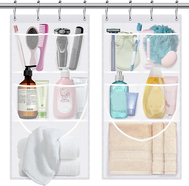 2PCS Mesh Shower Organizer Hanging,Shower Curtain Liner Pockets Hanging with Pockets Quick Dry Cruise RV Camper Bathroom Organizer with Shower Curtain Hooks