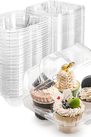 Bekith 60 Count 4-Compartment Plastic Cupcake Containers - Disposable Cupcake Trays Holder Carrier Box with Lids for Cupcakes & Muffins - Hinged Lock Cupcake Clamshell - Deep Cups for Cupcake Storage
