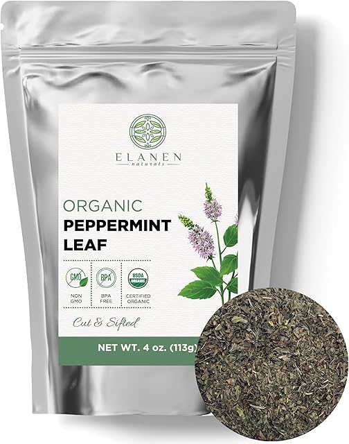Elanen Naturals Organic Peppermint Leaves 4 oz. (113g), USDA Certified Organic Peppermint Tea Loose Leaf, Dried Mint, Dry Mint Tea Bulk, Cut & Sifted