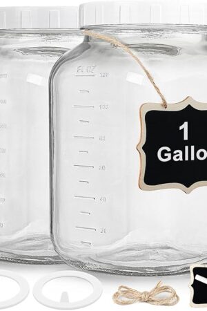 2 Pack Wide Mouth 1 Gallon Clear Glass Jar with Lid, Heavy Duty Airtight Screw Lid with Silicone Gasket - Large Mason Jar with 2 Scale Mark for Fermenting Kombucha and Storing Food(Extra 2 Gaskets)
