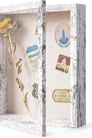 Califortree Outside 8x10 Shadow Box Frame with Linen Back - Real Glass, Push Pins Included, Sturdy Rustic Memory Display Case, Fits Photos or Items Under 6x8, Distressed White