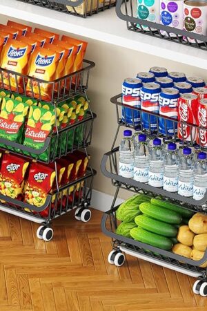 3-Tier Rolling Pantry Cart with Wheels, Stackable Wire Storage Floor Organizer for Kitchen Pantry Snack Shelves, Fruit Basket Stand, Vegetable Storage Rack for Snacks Fruits Onion Potato