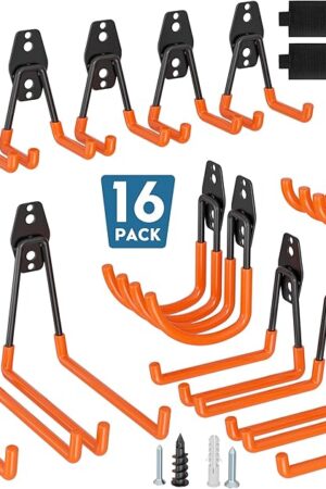 BONTEC Heavy Duty Garage Hooks, Anti-Slip Coated Black Steel with Strong Load Capacity, Multi-Sized U and J Hooks, Easy Wall Mount for Garage, Garden, Workshop (Orange, 16 Pack)