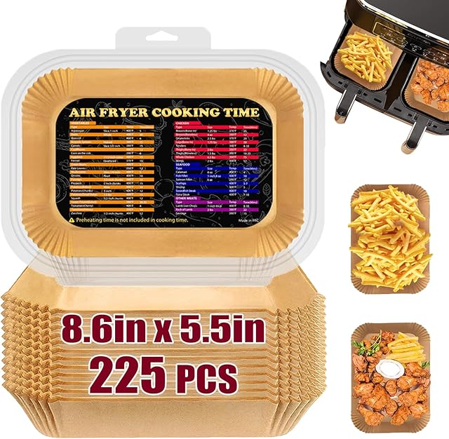 225PCS Air Fryer Disposable Paper Liners for Ninja DZ201/DZ401/DZ550/SL401 Dual Airfryer, Bella 4Qt Slim and CHEFMAN 6 Quart Dual Basket Air Fryer, 8.6x5.5 inch Parchment Paper Liners