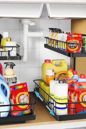 WOWBOX 2 Pack Under Sink Organizer 2 Tier Slide Out Cabinet Organizer Under Sink Organizers and Storage for Kitchen Bathroom Pantry