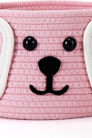 Zopeal Dog Woven Basket with Ear, Toy Storage Organizer, Cute Laundry Puppy Gift Animal Basket for Clothes, Towels, Toy, Laundry, Bathroom, Home (Pink,White,7.9" D X 6" H)