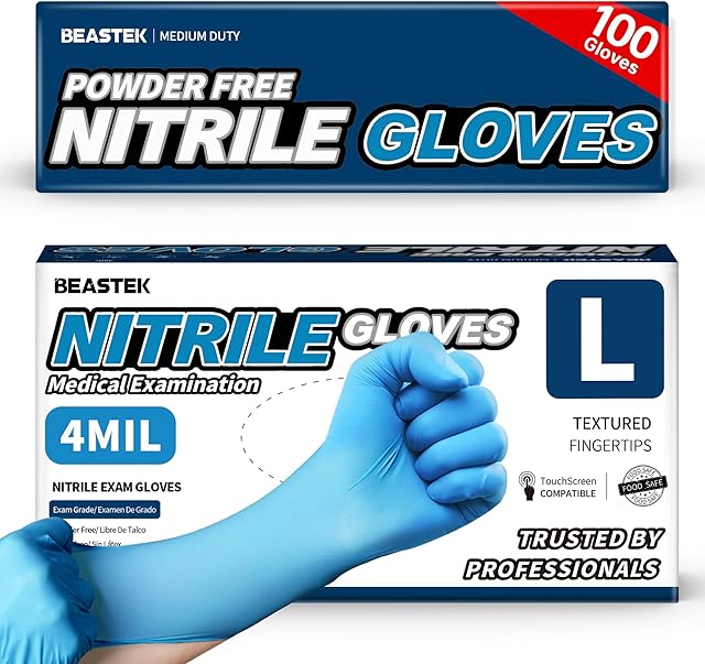 Beastek Blue Nitrile Exam Gloves, 4 Mil Disposable Powder-Free Latex-Free Medical Food Safe Cooking Cleaning Gloves, 100 Pcs