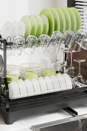 Dish Drying Rack, Dish Rack 2 Tiers for Kitchen Counter, Space-Saving Large Dish Rack with Drain Kitchen Organizer and Storage Rack with Drainboard, Screw-Free Mounting (Black)