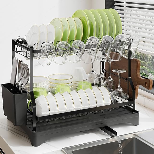 Dish Drying Rack, Dish Rack 2 Tiers for Kitchen Counter, Space-Saving Large Dish Rack with Drain Kitchen Organizer and Storage Rack with Drainboard, Screw-Free Mounting (Black)