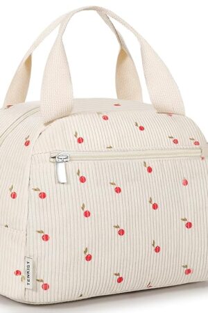 Cute Lunch Box Tote Bag - Corduroy Insulated Cooler Bags for Women - Lightweight Reusable Portable Soft Lunch Pail Kit for Kids Teen Girl Adults Work School Picnic Travel Cherry 8L