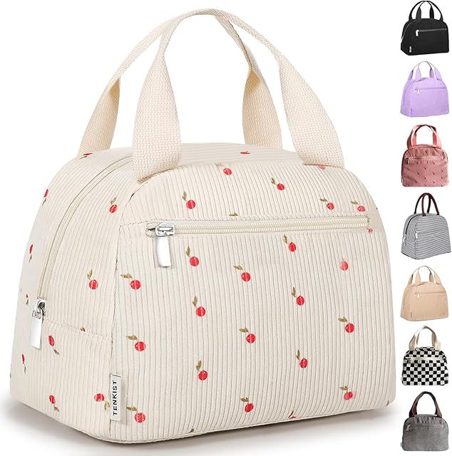 Cute Lunch Box Tote Bag - Corduroy Insulated Cooler Bags for Women - Lightweight Reusable Portable Soft Lunch Pail Kit for Kids Teen Girl Adults Work School Picnic Travel Cherry 8L