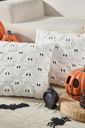 Volcanics Halloween Ghost Pillow Covers 20x20 Set of 2, White Plush Faux Fur Decorative Throw Cushion Cases for Fall Autumn Holiday Home Decor - Soft Farmhouse Style for Sofa, Couch, and Bedroom